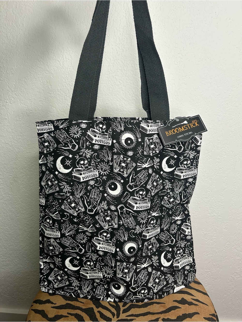 Broomstick Blvd. Black & White Witchy Tarot Print Halloween Canvas Tote Bag